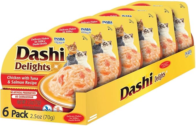 INABA Dashi Delights for Cats, Shredded Chicken with Bonito Flake Broth, 2.5 Ounce Cup, 6 Cups Total, Chicken with Tuna & Salmon Recipe