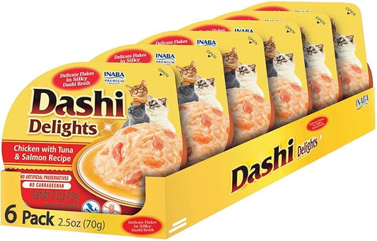 INABA Dashi Delights for Cats, Shredded Chicken with Bonito Flake Broth, 2.5 Ounce Cup, 6 Cups Total, Chicken with Tuna & Salmon Recipe