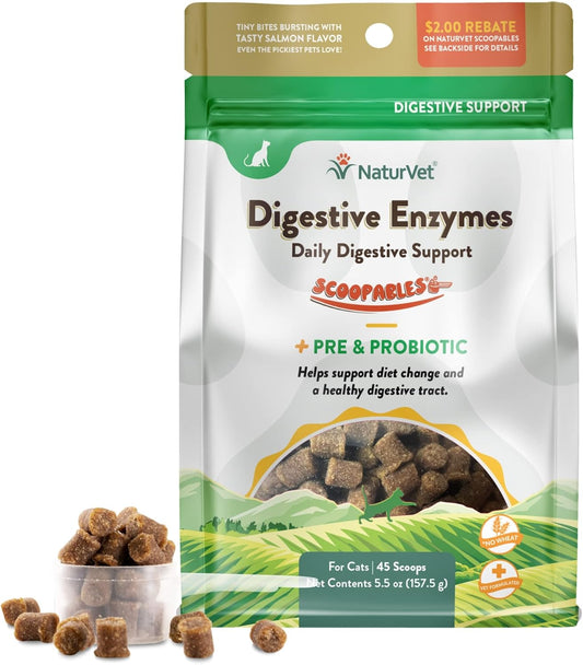 NaturVet Scoopables Cat Digestive Support - Digestive Enzymes for Cats with Probiotic - Supports Diet Change, Sensitive Stomachs & Healthy Digestive Tract - Salmon Flavored