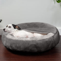 Furhaven 24" Round Calming Donut Dog Bed for Indoor Cats & Small Dogs, Washable, For Dogs Up to 20 lbs - Plush Velvet Waves Hooded Donut Bed