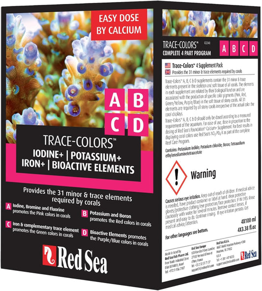 Red Sea Trace Colors ABCD 4-Pack Supplements, 4 x 100ml - Essential Trace Elements for Vibrant Coral Coloration in Reef & Marine Aquariums