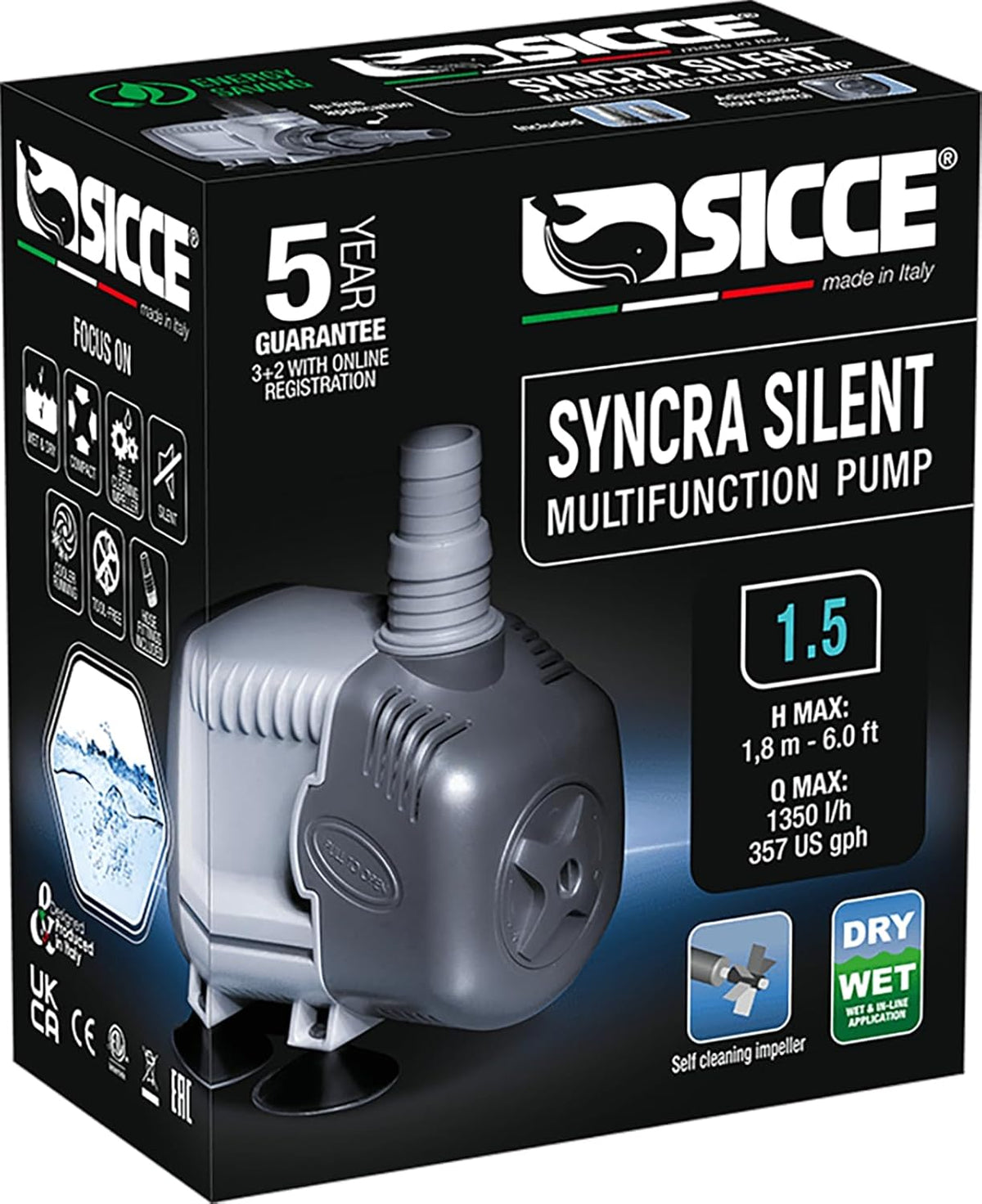 SICCE Syncra Silent 1.5 Multifunction 357 GPH Submersible Water Pump | Italian Made 23W Ultra Quiet Durable Aquarium Fish Tank, Fountain, Pond, Hydroponics, Terrarium Black | Freshwater & Saltwater