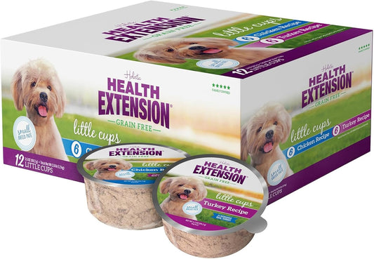 Health Extension Little Cups Grain-Free Wet Dog Food, Small Breed - Variety Box (6 Chicken/6 Turkey) 3.5 oz - Easy to Digest, Ideal for Picky Eaters (Case of 12 Cups)