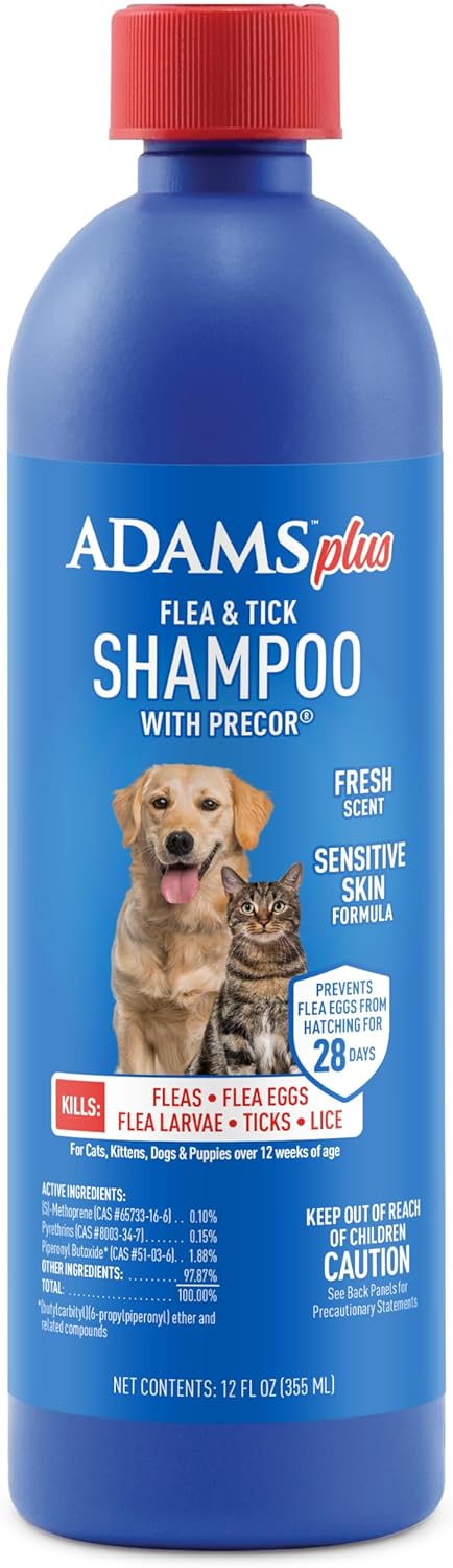 Plus Flea & Tick Shampoo with Precor for Cats, Kittens, Dogs & Puppies Over 12 Weeks Of Age Sensitive Skin Flea Treatment | Kills Adult Fleas, Flea Eggs, Ticks, and Lice