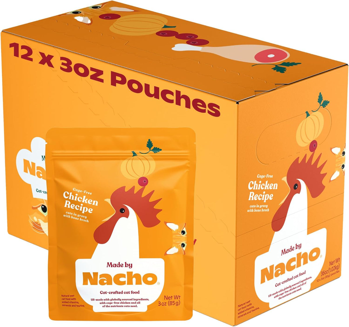 Made by Nacho Wet Cat Food, Cuts in Gravy, Limited Ingredients, Cage-Free Chicken Recipe with Bone Broth for Extra Hydration, (12) 3 oz. Pouches, Limited Ingredients