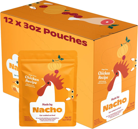 Made by Nacho Wet Cat Food, Cuts in Gravy, Limited Ingredients, Cage-Free Chicken Recipe with Bone Broth for Extra Hydration, (12) 3 oz. Pouches, Limited Ingredients