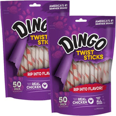 Dingo Twist Sticks 50 Count, Premium Rawhide Treats For Dogs Made with Real Chicken 50-Count