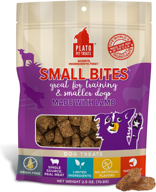 PLATO Pet Treats Small Bites - Air-Dried Training Treats for Dogs - Supports Healthy Digestion - Limited Ingredients - Lamb