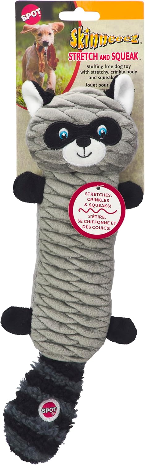SPOT Skinneeez Stretch and Squeak Dog Toy - Stuffing-Free Stretchy Toy with Crinkle and Squeaker, Fun for Dogs to Tug and Fetch, Assorted Animal Characters - Beaver, Raccoon, or Fox 1 ea