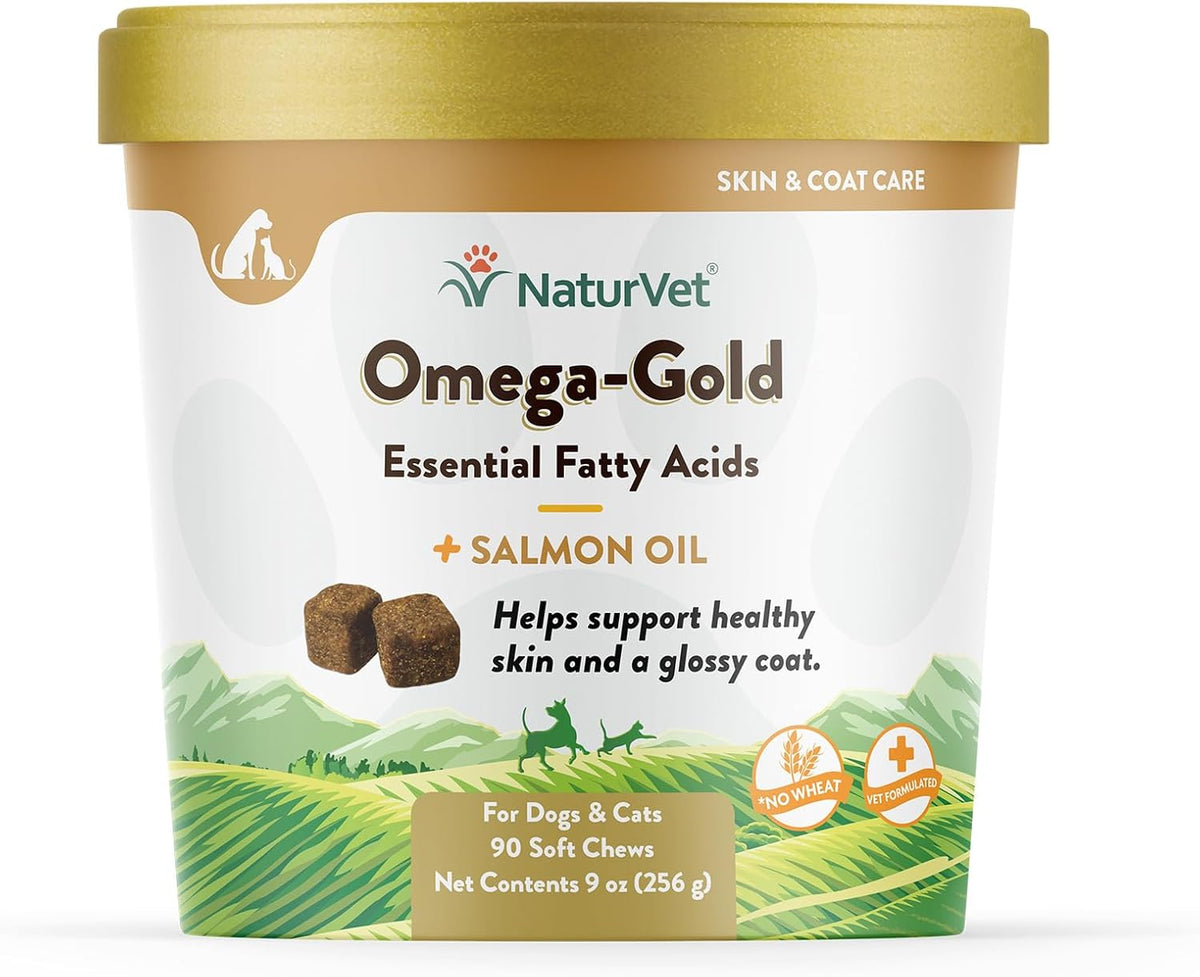 NaturVet – Omega-Gold Plus Salmon Oil | Supports Healthy Skin & Glossy Coat | Enhanced with DHA, EPA, Omega-3 & Omega-6 | for Dogs & Cats | 90 Soft Chews