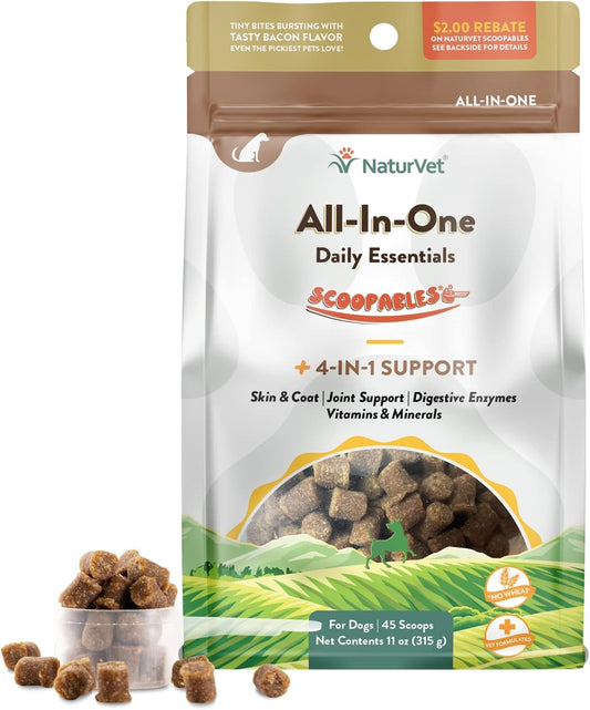 NaturVet Scoopables All-in-One Multivitamin for Dogs - Dog Vitamins and Supplements for Joint Support, Digestion, Skin & Coat Care & Immune - Hickory Smoked Bacon Flavor Vitamin Supplement | 11oz Bag