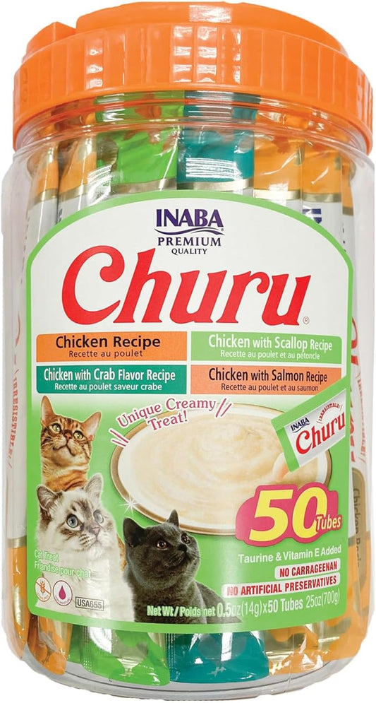 INABA Churu Cat Treats, Grain-Free, Lickable, Squeezable Creamy Purée Cat Treat/Topper with Vitamin E & Taurine, Chicken & Seafood Variety