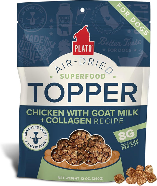 PLATO Pet Treats Dog Food Toppers - Air-Dried Dog Food Toppers for Dry Food - with Collagen to Support Skin and Coat Health - Goat Milk & Collagen Recipe