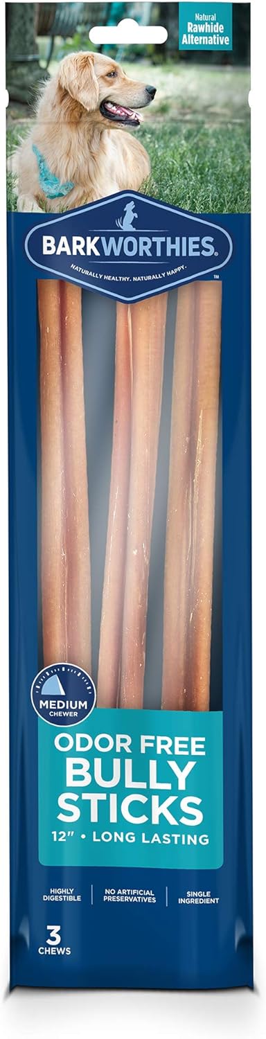 Barkworthies Odor-Free 12 Inch Bully Sticks - Protein-Packed, Easily Digestible, All-Natural Rawhide Alternative, Supports Dental Health