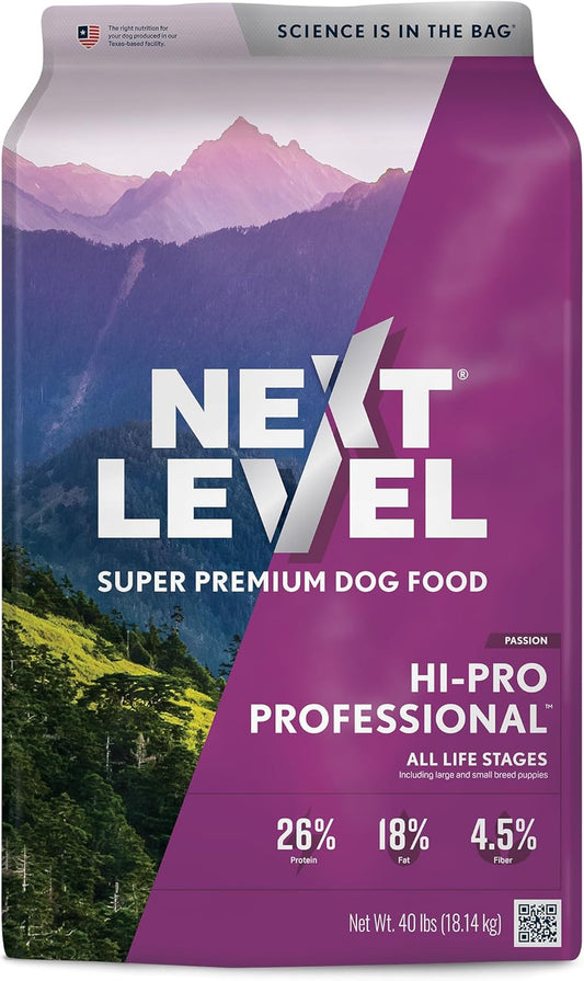 Next Level Super Premium Dog Food – HI-PRO Professional™ – Dry Kibble for Dogs at All Life Stages of All Breeds – 26% Protein with Gluten Free Grains, for High Energy, Active Dogs & Puppies 40 lb