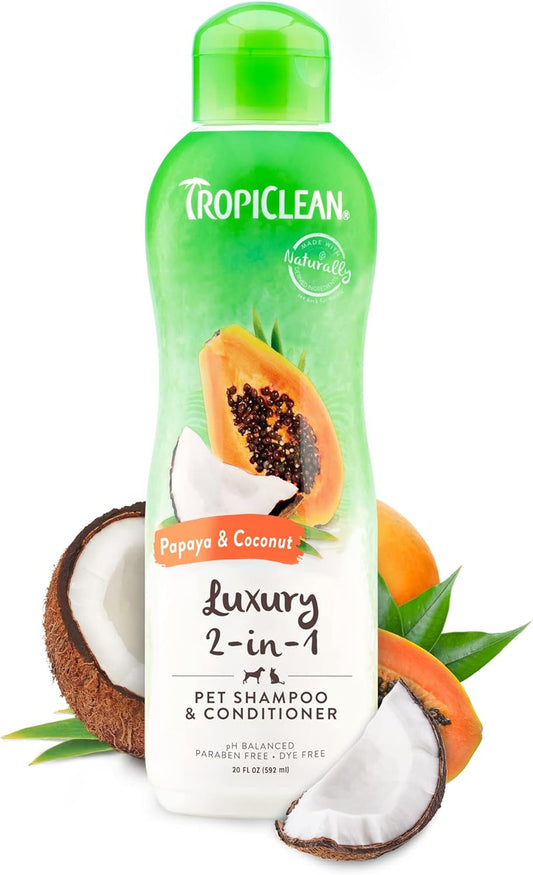 TropiClean 2-in-1 Dog Shampoo and Conditioner, Moisturizing Dog Detangler, Puppy Safe, Made in the USA, Papaya Scent, Cat & Kitten Safe 20 oz