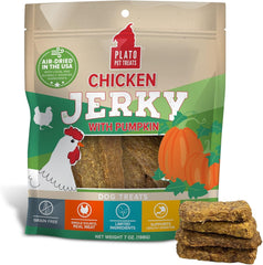 PLATO Pet Treats Dog Treats - Air-Dried Jerky for Dogs - Delicious, Real Meat Dog Treats - Grain Free - Supports Healthy Digestion - Chicken Jerky with Pumpkin