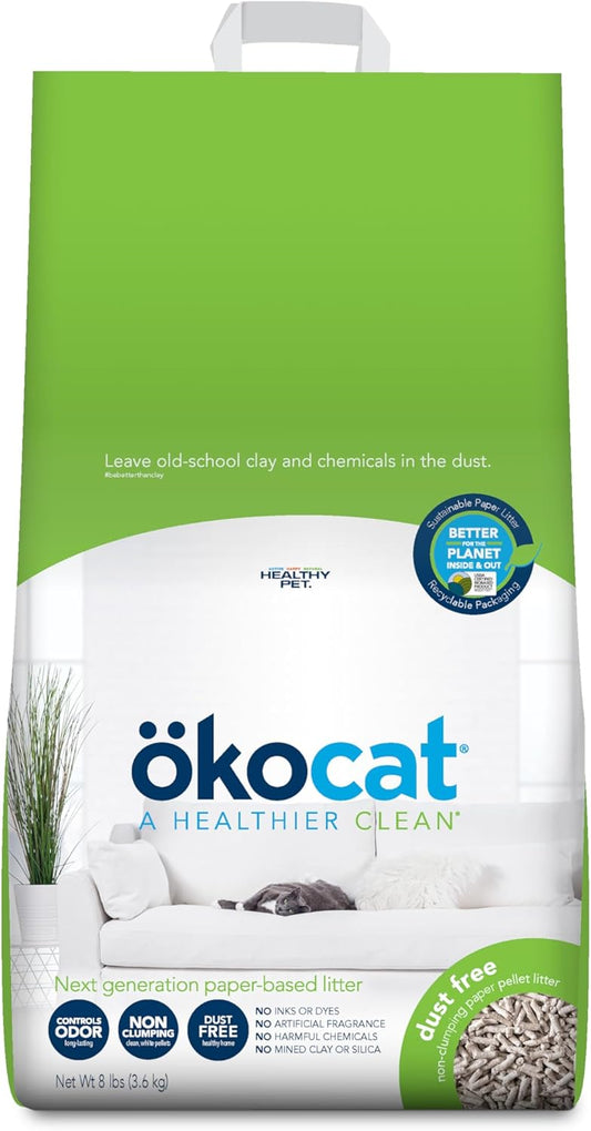 ökocat Dust Free Non-Clumping Paper Pellt Cat Litter, Unscented, 8 pounds - Natural Ingredients, Controls Odor, Dust Free, Great for Homes with Allergies, Postsurgical Needs