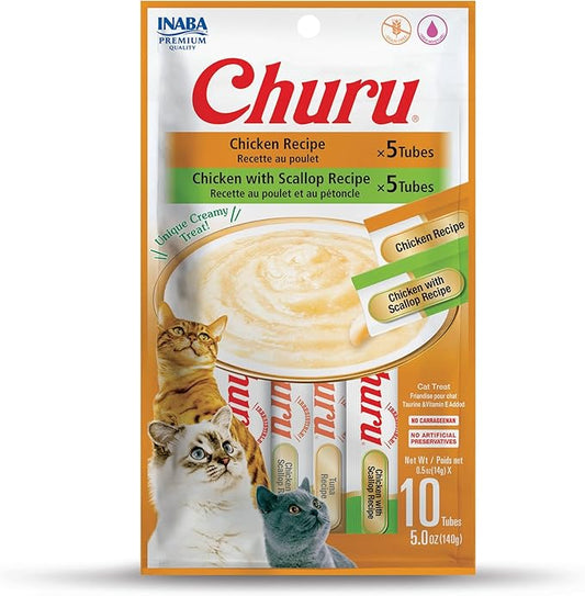 INABA Churu Cat Treats, Grain-Free, Lickable, Squeezable Creamy Purée Cat Treat/Topper with Vitamin E & Taurine, 0.5 Ounces Each Tube, Total/Two Flavors, Chicken Variety