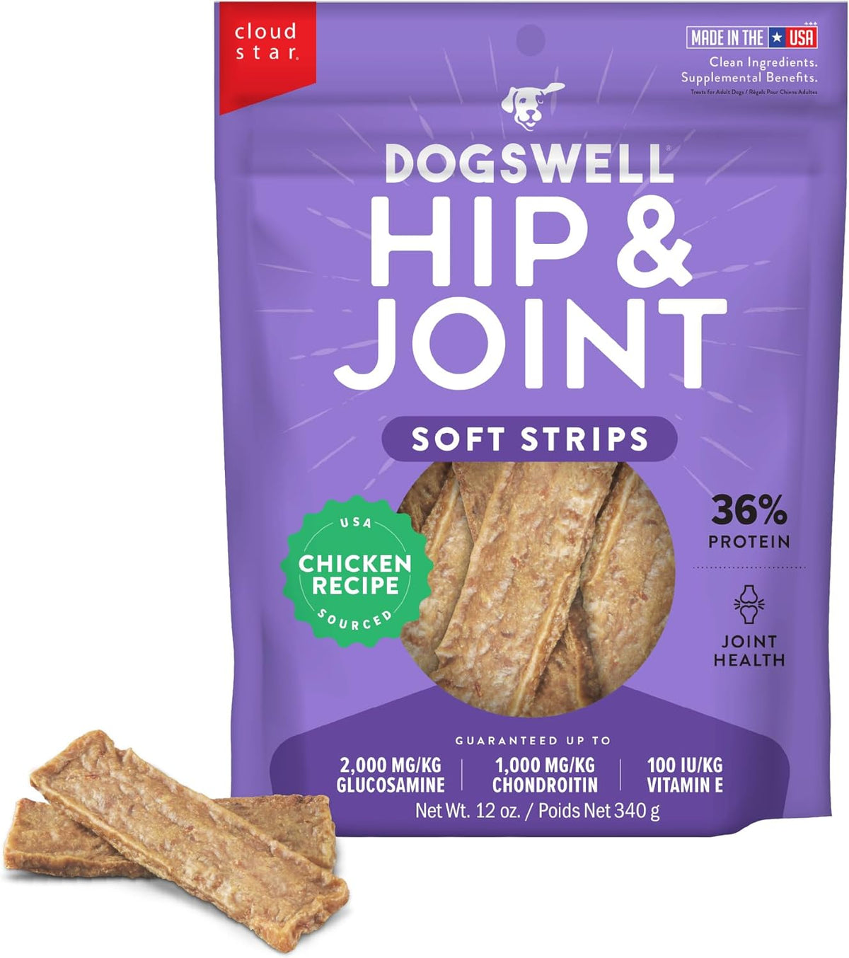 DOGSWELL Hip & Joint Dog Treats 100% Meaty, Grain Free, Glucosamine Chondroitin & Omega 3, Chicken Soft Strips 12 oz