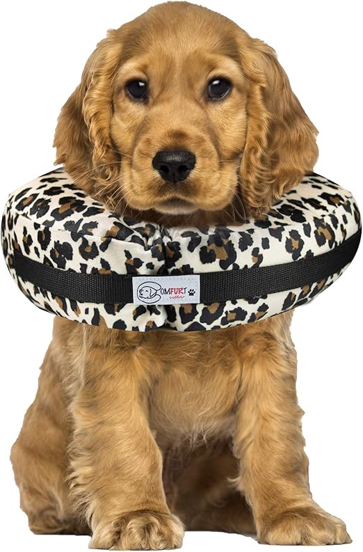 Comfurt - Comfort Collar by Comfurt Collar - Cheetah Print - Pet Recovery Collar for Dogs, Cats, & Rabbits - Protective Soft Stuffed Pet Collar, Adjustable, Leash Attachment, Post Surgery Cone Alternative