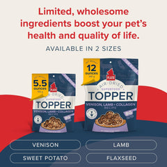 PLATO Pet Treats Dog Food Toppers - Air-Dried Dog Food Toppers for Dry Food - with Collagen to Support Skin and Coat Health - Venison, Lamb and Collagen Recipe