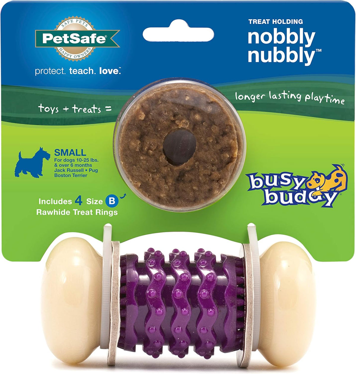 PetSafe Busy Buddy Nobbly Nubbly Treat Holding Dog Toy – Strong Chewers – Challenging - Treat Rings Included - Multi Color