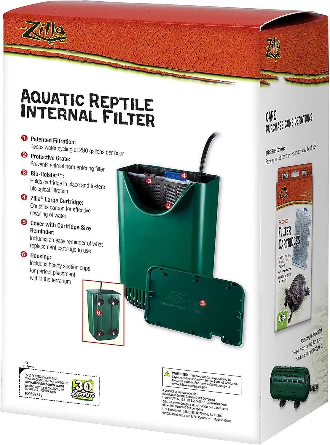 Zilla Aquactic Pet Reptile Internal Water Filter, For Up To 40 Gallons of Water