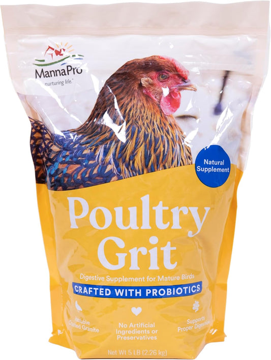 Manna Pro Chicken Grit with Probiotics – Crushed Granite Grit for Backyard Chickens, Supports Healthy Digestion and Gizzard Function, Ideal for Laying Hens and Small Flocks, 5 lb Bag