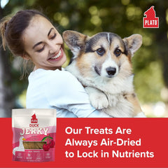 PLATO Pet Treats Jerky Dog Treats - Air-Dried Jerky for Dogs - Delicious, Real Meat Dog Treats - Grain Free - Supports Healthy Digestion - Duck Jerky with Cherry