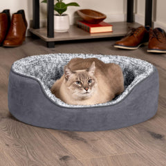 Furhaven Dog Bed for Small Dogs w/ Removable Washable Cover & Pillow Cushion Insert, For Dogs Up to 12 lbs - Two-Tone Faux Fur & Suede Oval Lounger - Gray, Small
