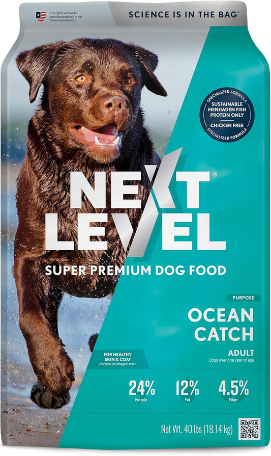 Next Level Super Premium Dog Food – Ocean Catch – Dry Kibble for Adult Dogs of All Breeds – 24% Protein, Fish with Gluten Free Grains 40 lb