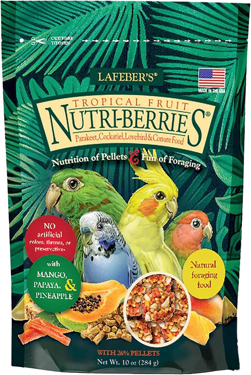 LAFEBER'S Tropical Fruit Nutri-Berries Pet Bird Food, Made with Non-GMO and Human-Grade Ingredients, for Cockatiels Conures Parakeets (Budgies) Lovebirds (Tropical Fruit 10 oz)
