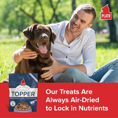 PLATO Pet Treats Dog Food Toppers - Air-Dried Dog Food Toppers for Dry Food - with Collagen to Support Skin and Coat Health - Venison, Lamb and Collagen Recipe