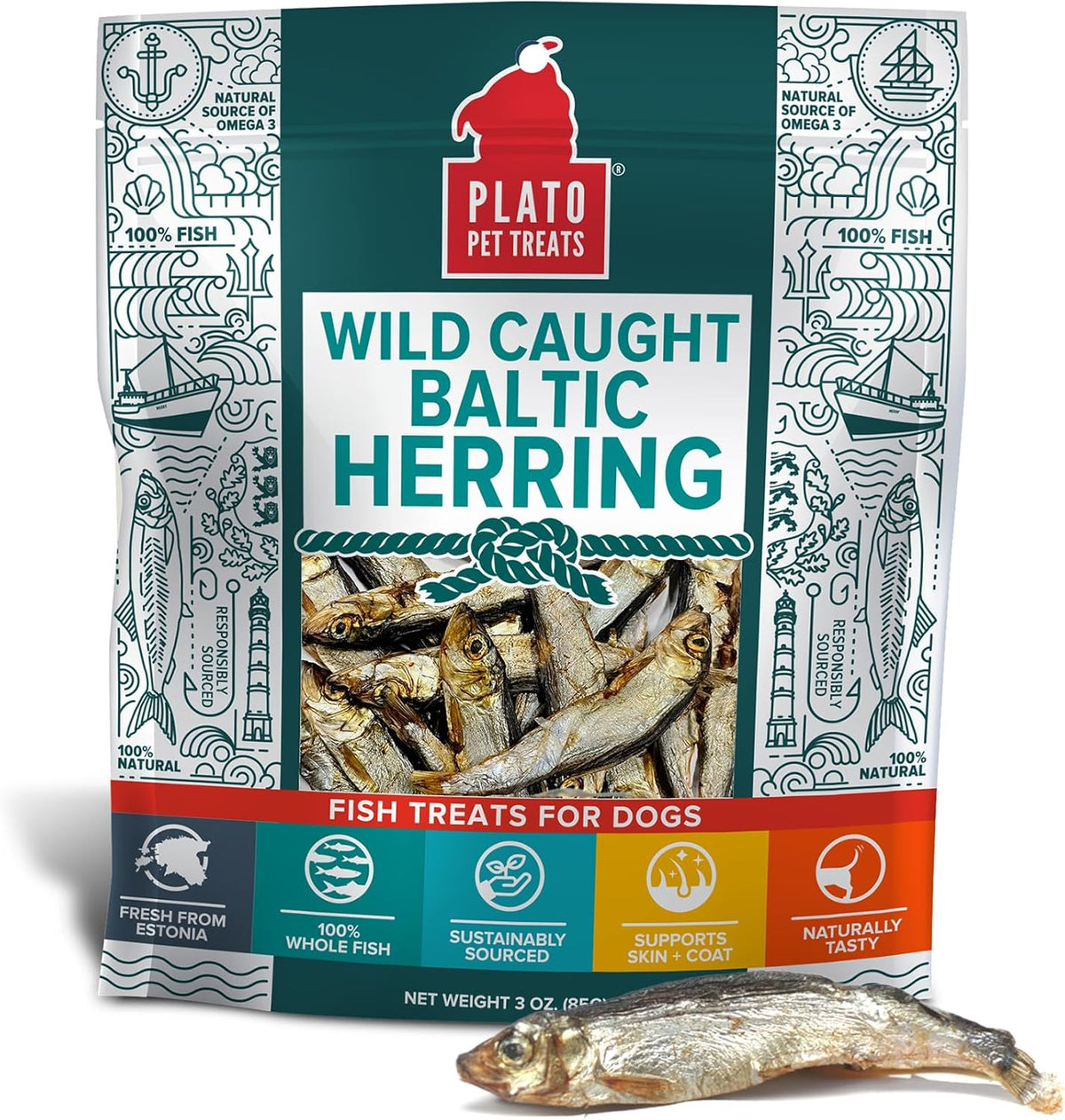 PLATO Pet Treats Fish Dog Treats - Air-Dried, Single Ingredient Dog Treat - with Omega 3 & 6 Fatty Acids to Support Skin and Coat - 100% Whole Fish - Wild Caught Baltic Herring Dog Treats