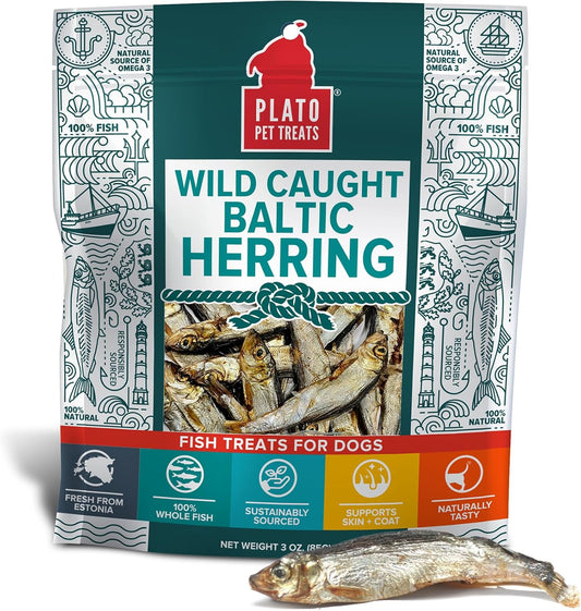 PLATO Pet Treats Fish Dog Treats - Air-Dried, Single Ingredient Dog Treat - with Omega 3 & 6 Fatty Acids to Support Skin and Coat - 100% Whole Fish - Wild Caught Baltic Herring Dog Treats