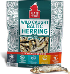 PLATO Pet Treats Fish Dog Treats - Air-Dried, Single Ingredient Dog Treat - with Omega 3 & 6 Fatty Acids to Support Skin and Coat - 100% Whole Fish - Wild Caught Baltic Herring Dog Treats