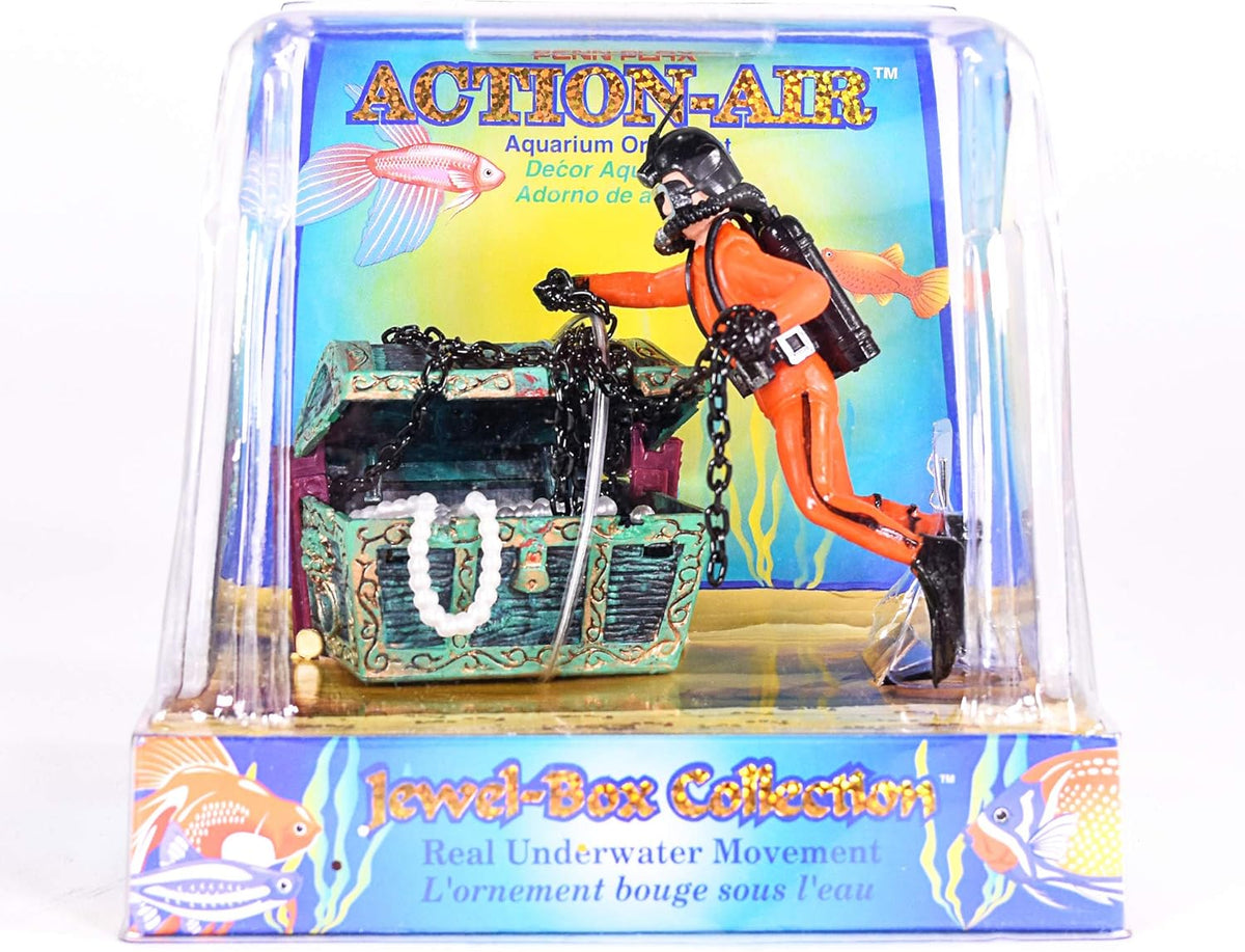 Penn-Plax Aquarium Decoration with Moving Treasure Chest, Floating Diver and Bubble Action, 4 Inches High