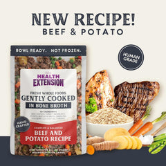 Health Extension Gently Cooked Beef & Potato Dog Food, (9 oz, 255 g) – Bowl Ready with Bone Broth, Omega-3s & Superfoods for All Life Stages (Case of 10 Pouches)