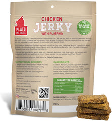 PLATO Pet Treats Dog Treats - Air-Dried Jerky for Dogs - Delicious, Real Meat Dog Treats - Grain Free - Supports Healthy Digestion - Chicken Jerky with Pumpkin