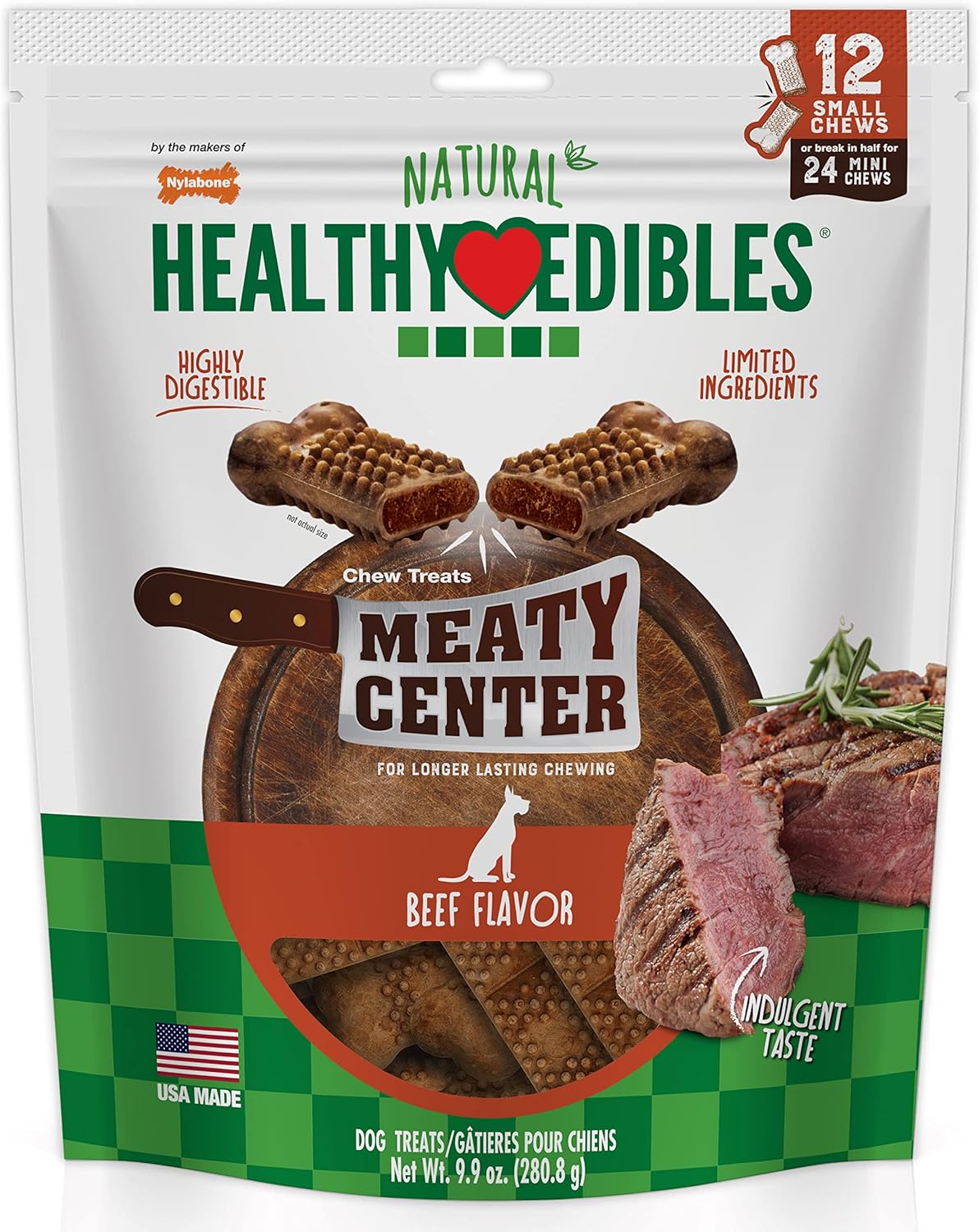 Nylabone Healthy Edibles Natural Dog Chews Long Lasting Meaty Center Beef Flavor Treats for Dogs, Small (12 Count)