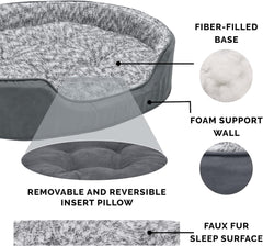 Furhaven Dog Bed for Small Dogs w/ Removable Washable Cover & Pillow Cushion Insert, For Dogs Up to 12 lbs - Two-Tone Faux Fur & Suede Oval Lounger - Gray, Small