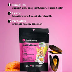 Pet Honesty Cat Multivitamin Chews - Cat Treats for Health + Immune, Cat Joint Support, Skin & Coat, and Digestion | Omega 3s, Lysine for Cats, Cat Probiotic, Cat Vitamins - Chicken (90-Day Supply)
