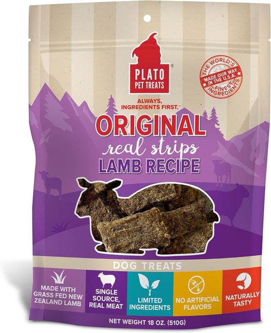 PLATO Pet Treats Real Strips - Air-Dried Meat Bars for Dogs - Delicious, Limited Ingredient Dog Treats - Grain Free - Original Real Strips Lamb