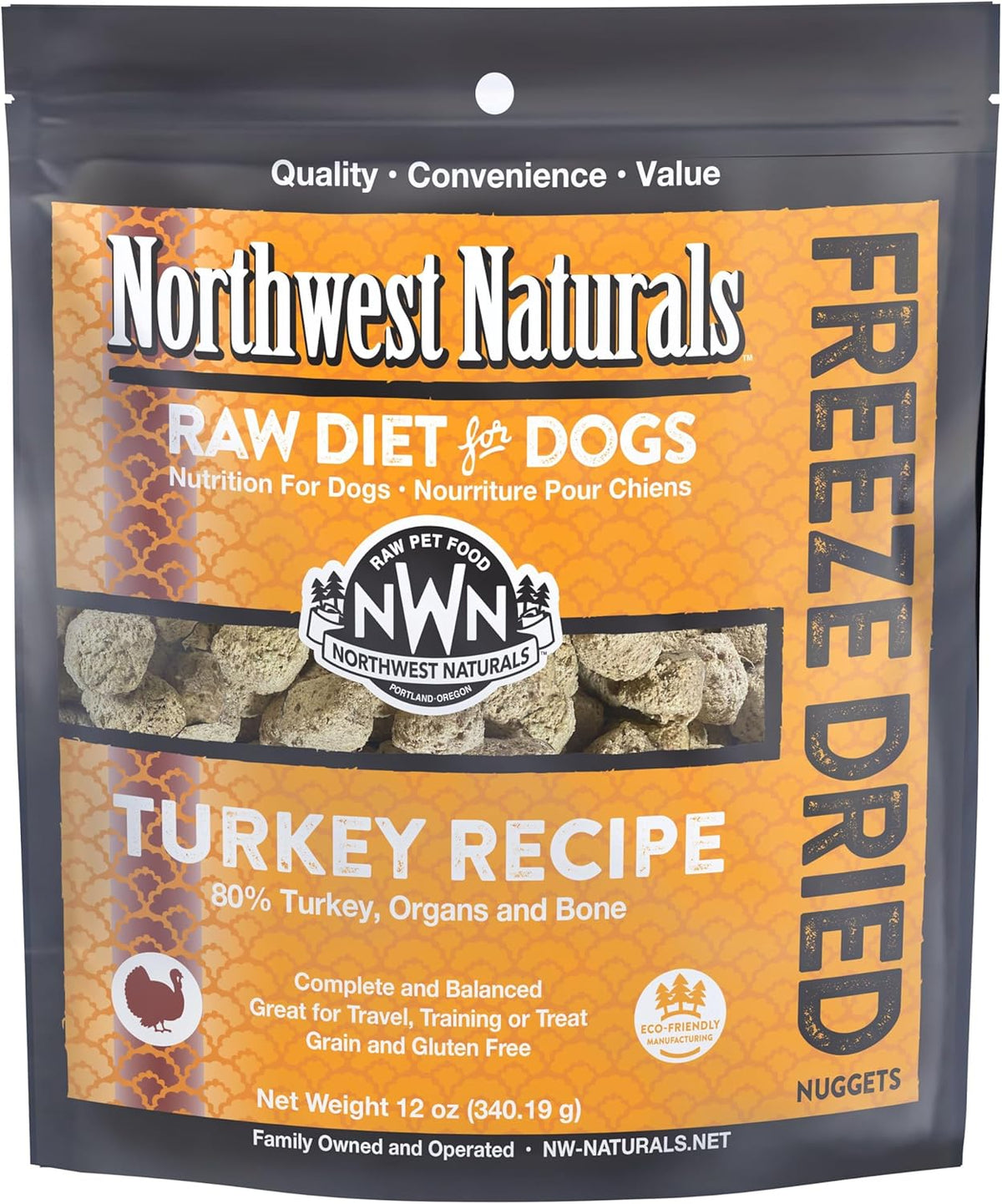 Northwest Naturals Freeze-Dried Turkey Dog Food - Bite-Sized Nuggets - Grain-Free, High-Protein, Raw Diet, Human-Grade, Limited Ingredients, All Natural, Healthy & Nutritious, Made in USA