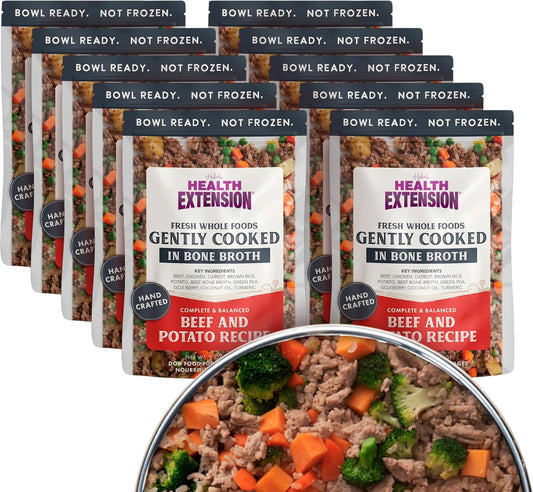 Health Extension Gently Cooked Beef & Potato Dog Food, (9 oz, 255 g) – Bowl Ready with Bone Broth, Omega-3s & Superfoods for All Life Stages (Case of 10 Pouches)