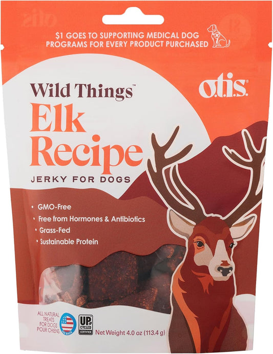 O.T.I.S. Wild Things Elk Recipe Jerky for Dogs – 4 oz – Soft Dog Treats with Elk as 1st Ingredient – GMO-Free – No Hormones or Artificial Colors or Additives