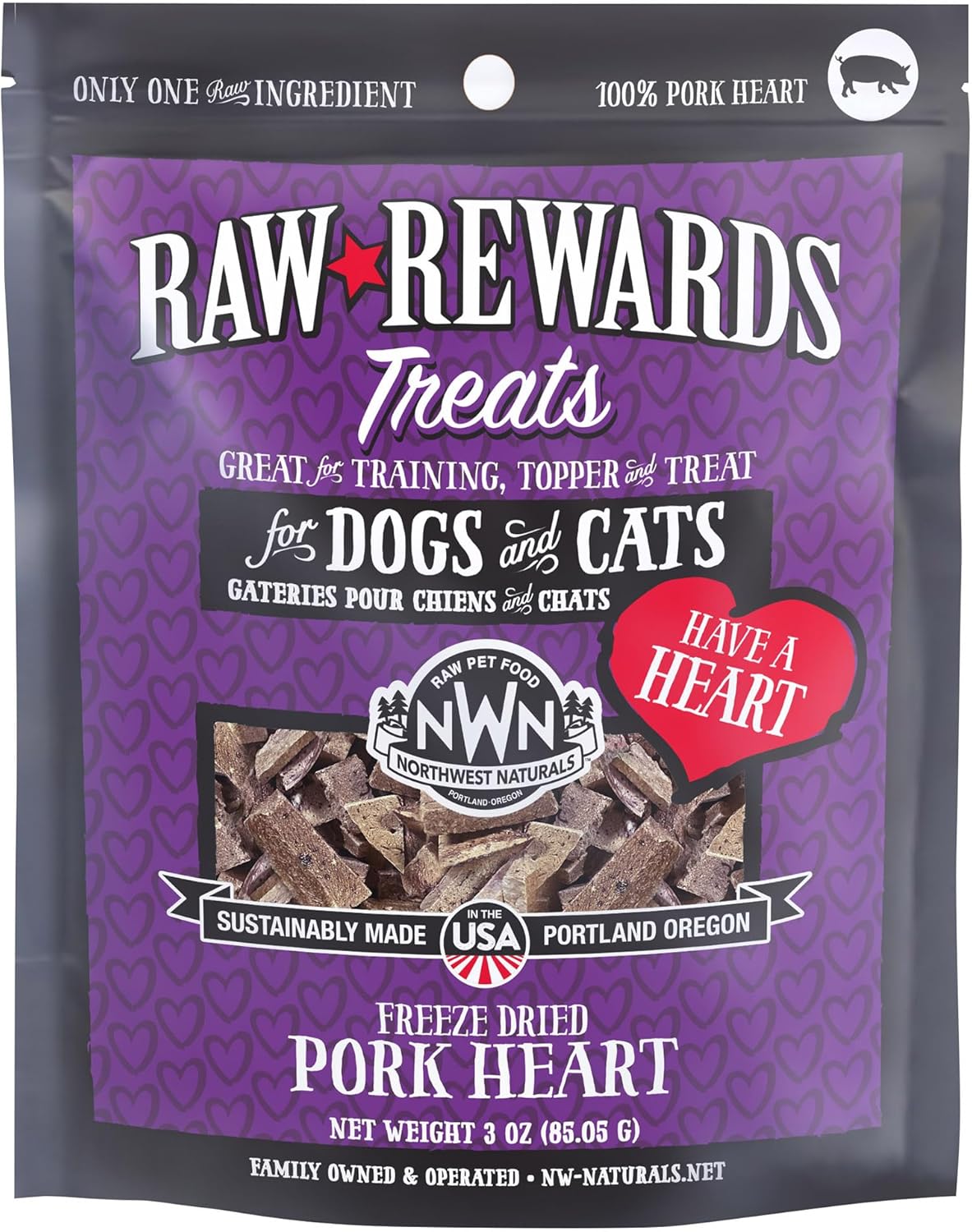 Northwest Naturals Raw Rewards Freeze-Dried Pork Heart Treats for Dogs and Cats - Bite-Sized Pieces - Healthy, 1 Ingredient, Human Grade Pet Food, All Natural, Proudly Made in USA