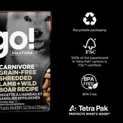 Go! Solutions Carnivore, Grain-Free, Protein Rich Wet Dog Food, Shredded Lamb and Wild Boar, 12.5 oz