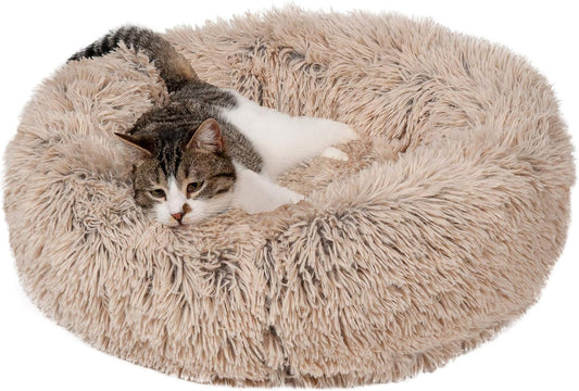 Furhaven 23" Round Calming Donut Dog Bed for Indoor Cats & Small Dogs, Washable, For Dogs Up to 20 lbs - Shaggy Plush Long Faux Fur Donut Bed, Small, 23.0"L x 23.0"W x 9.0"Th